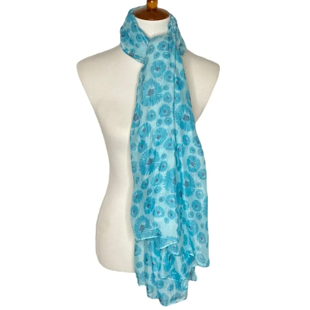 Life Is Good Scarf Sheer Floral Sky Blue Turquoise Lightweight One Size Boho